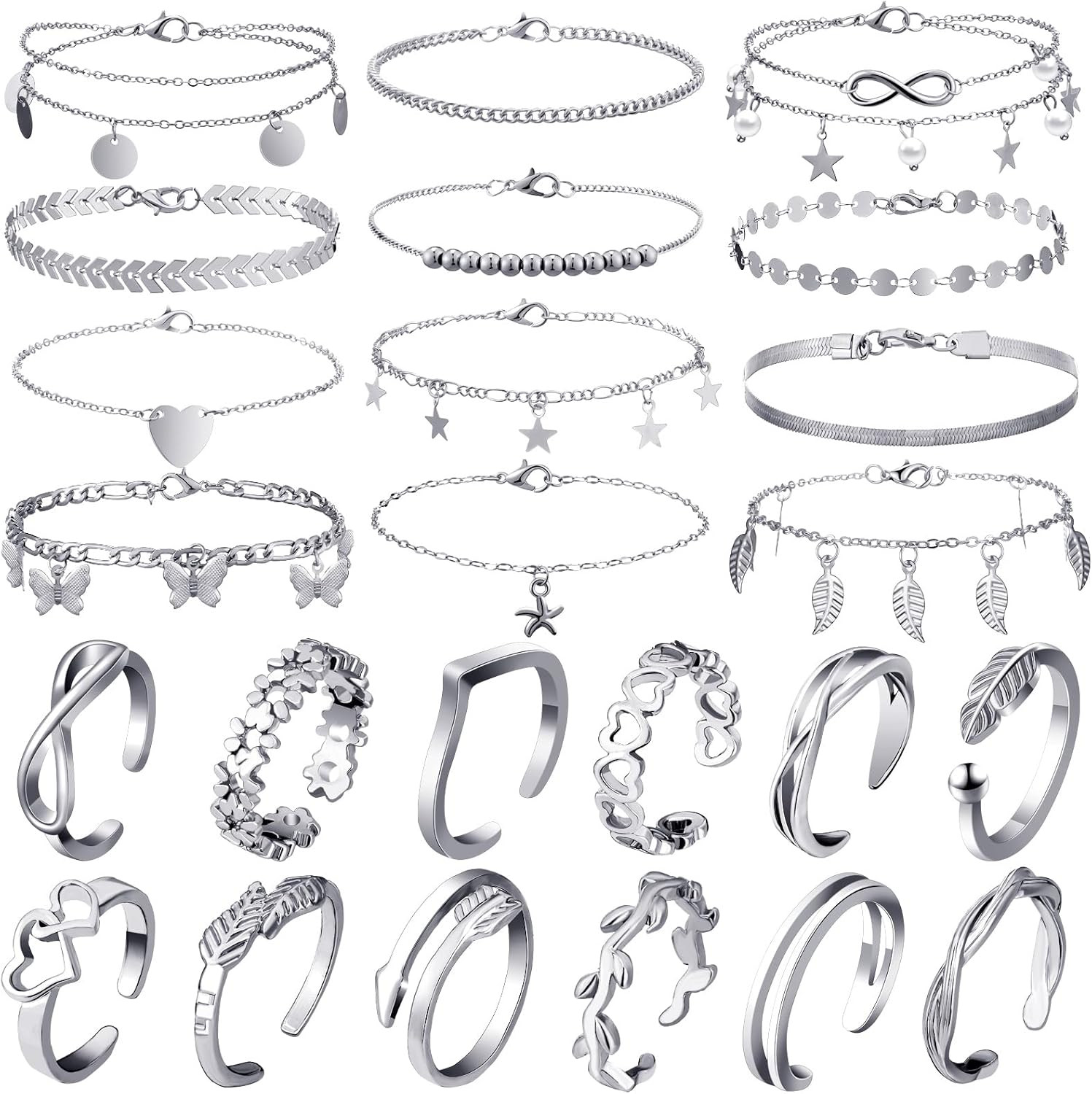 24 Pcs Anklet and Toe Ring Set for Women Girl Silver Gold Layered An…