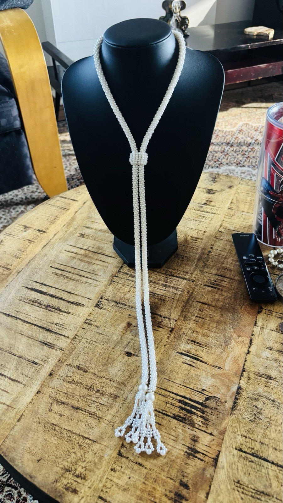 Faux Seed Pearl Lariat Necklace Woven Slider Tassel Flapper Boho VTG
