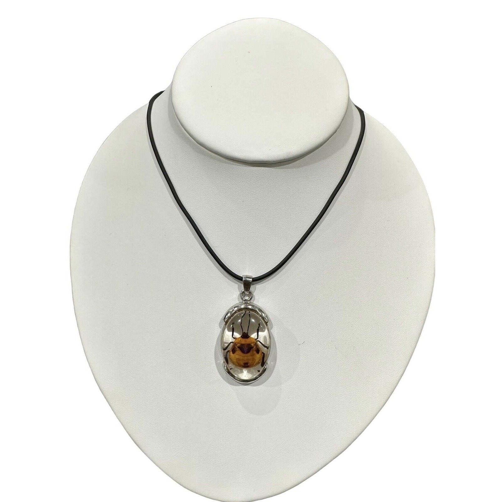 Real Beetle in Lucite With Silver Metal Findings Fancy Necklace Black Cord EUC