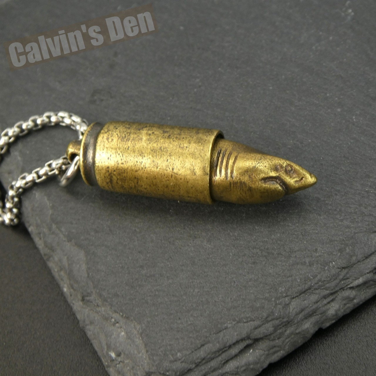 Solid Brass Shark Head Bullet Pendant Necklace Punk Fun Gift
