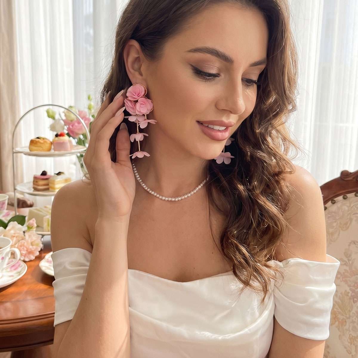 Big Flower Drop Earrings for Women Long Fabric Floral Dangle Earrings Bohem