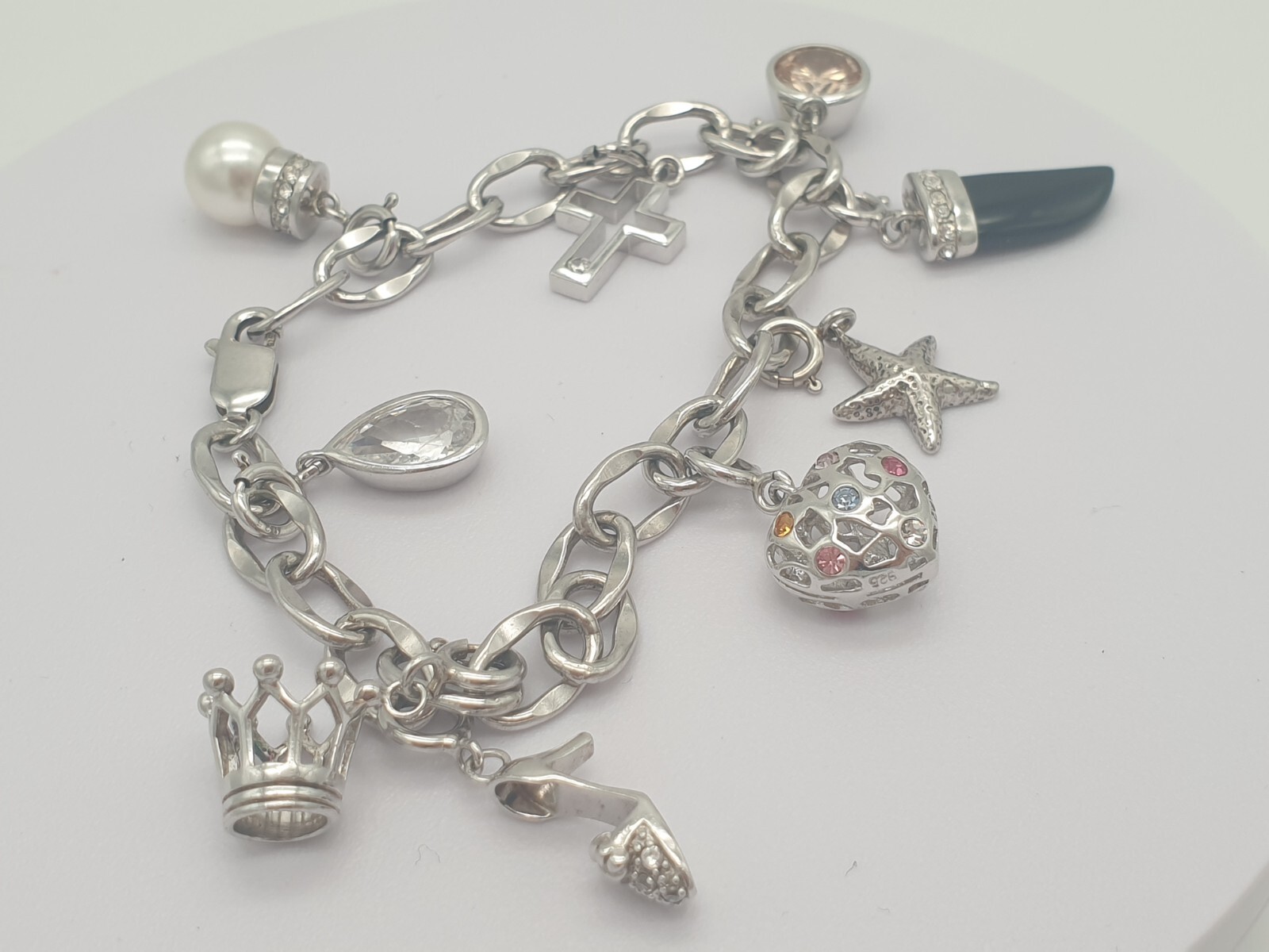 Silver Bracelet With 9 Charms / Onyx, Zirconia, Glass, Pearl / 19.5Cm / 31.5G