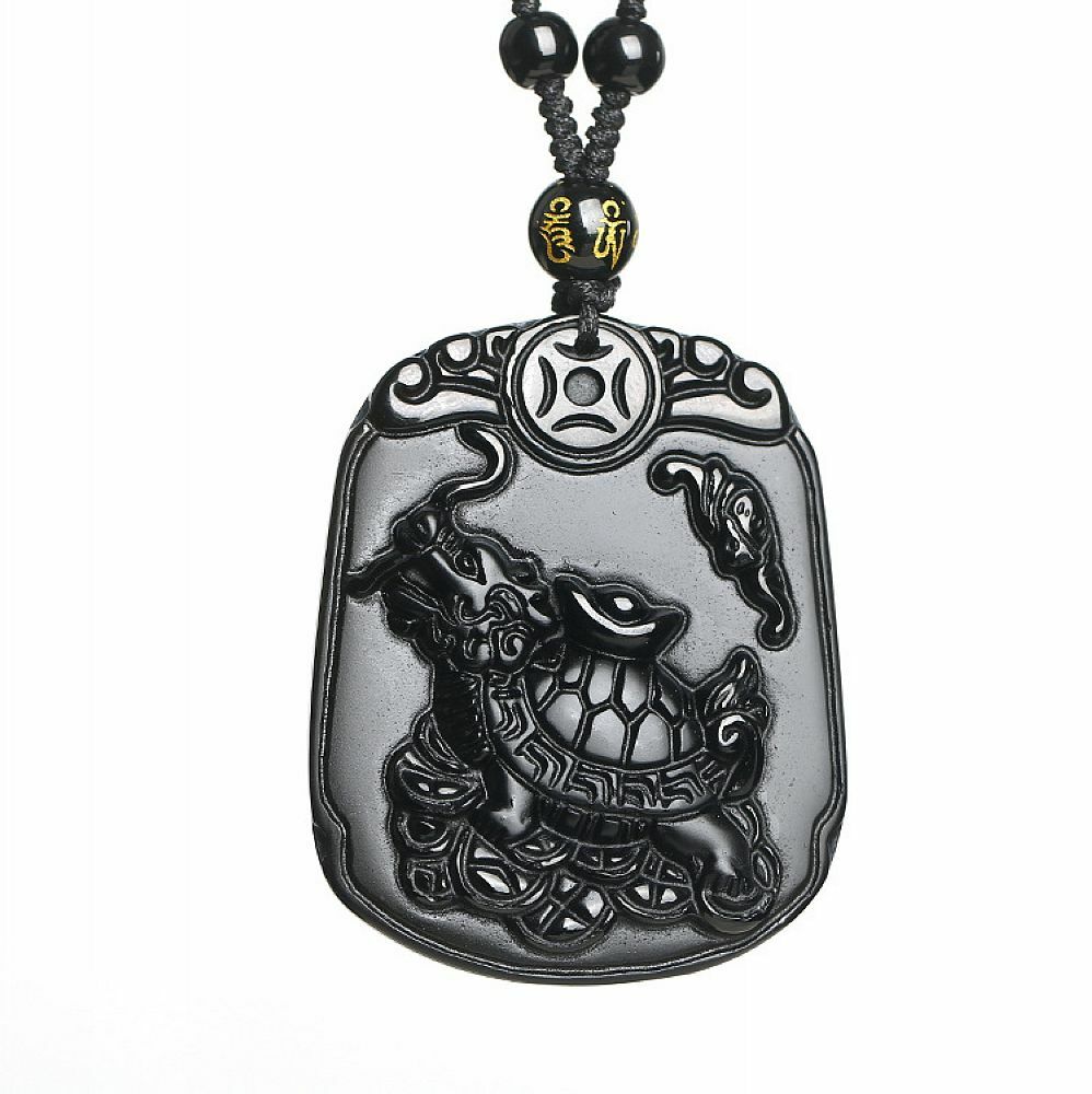 Natural Black Obsidian crystal dragon turtle Necklace pendant bead with chain