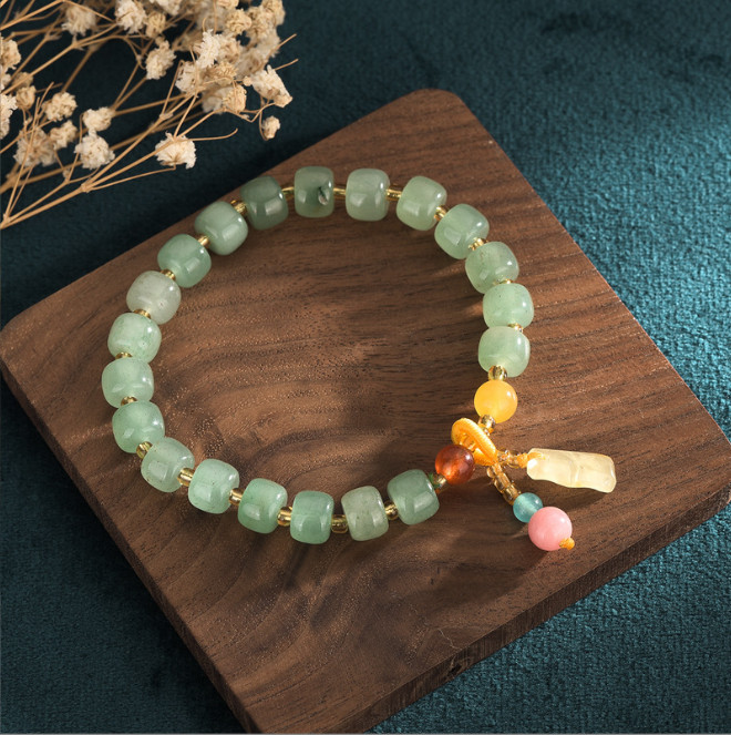 Green Jade Citrine Round Beads Charm Bracelet Healing Chain Dainty Gemstone