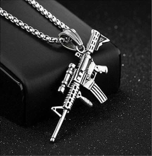 Silver Army AK47 Machine Gun Stainless Steel Pendant Necklace, Second Amendment