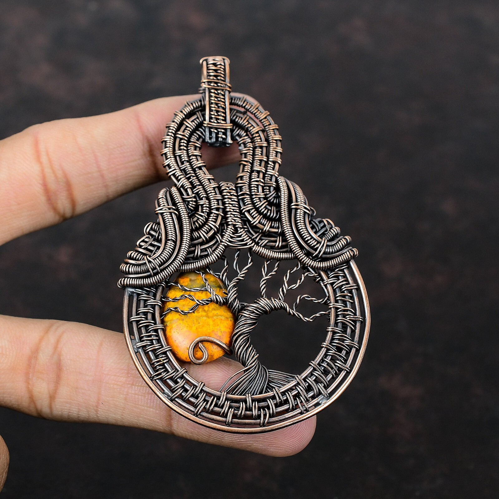 Gift For Her Copper Bumble Bee Jasper Wire Wrapped Tree Of Life Pendant 3.5″