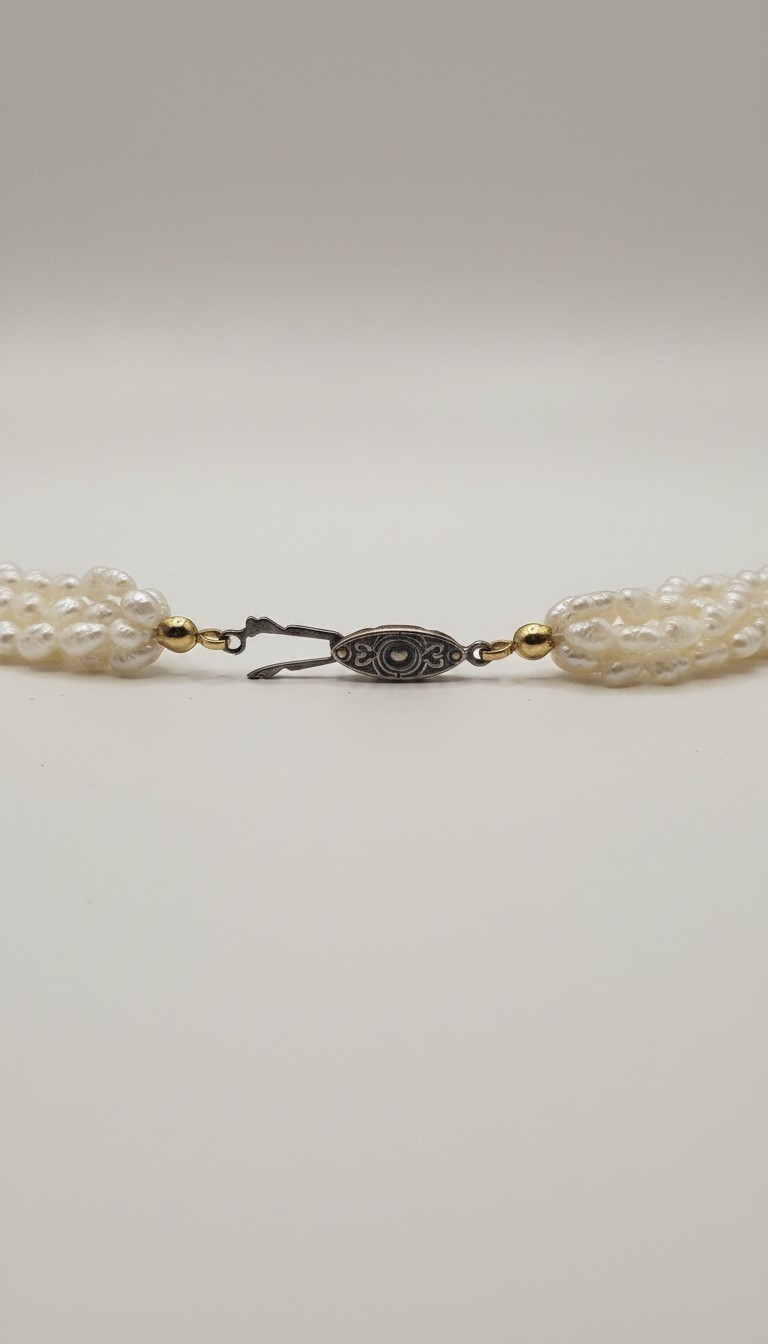 Multistrand White Round Pearl Necklace w/ Black Onyx Stations Silver Box Clasp