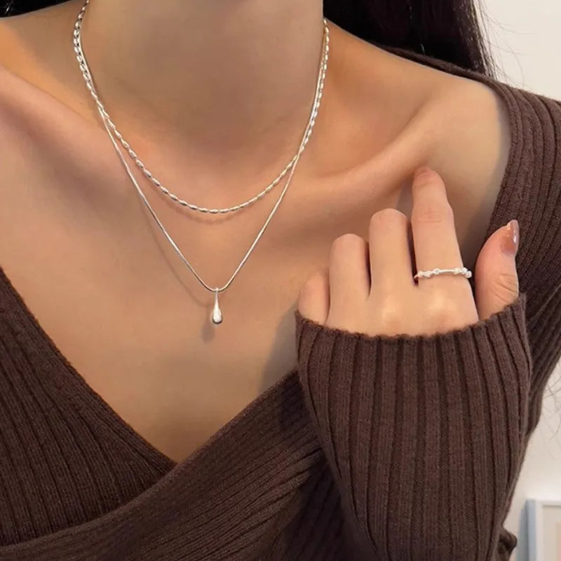 Snake Chain Necklace Rice Droplet 925 Sterling Silver Double Layer Jewelry