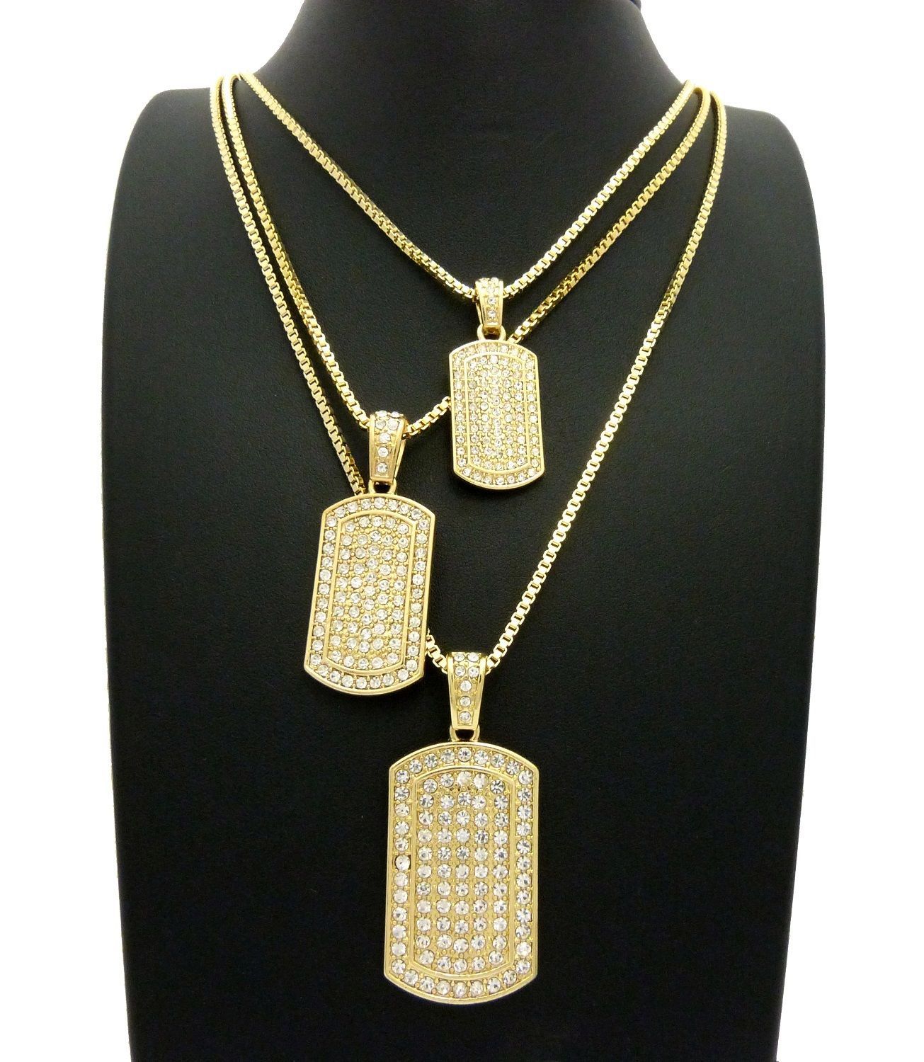 Iced Hip Hop Three Dog Tag Pendant & 24″, 27″, 30″ Box Chain 3 Necklace Set