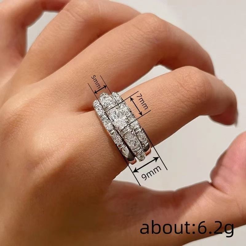ONE SET 3PCS Fashion Woman White Plated Sparkling CZ Band Ring Sizes 6-10