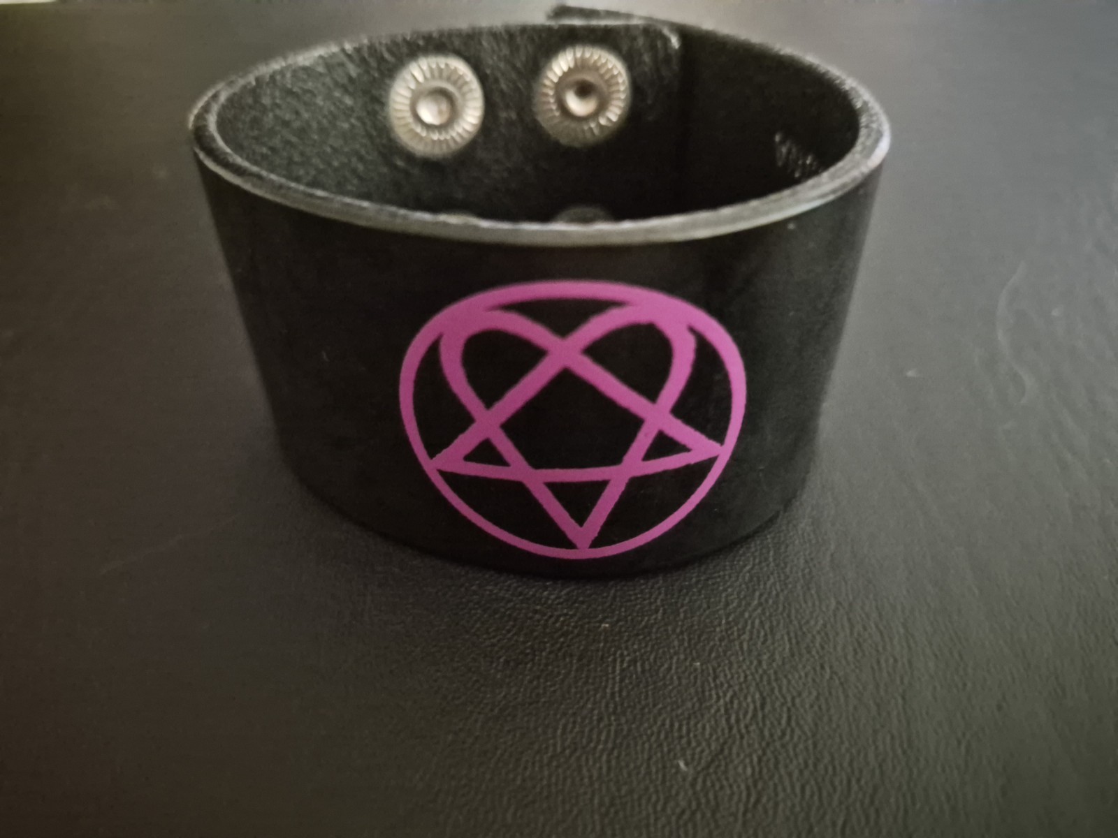 Hot Topic Genuine Leather Black/Purple Heartagram Snap Cuff Bracelet