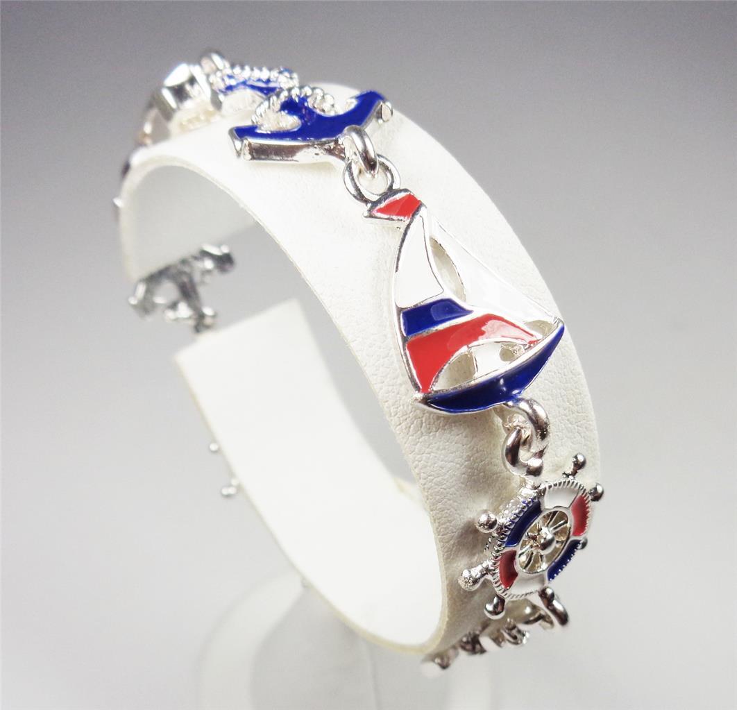 BEACH FASHION NAUTICAL SHIPS WHEEL ANCHOR AND SAILBOAT SEA LIFE RHODIUM BRACELET