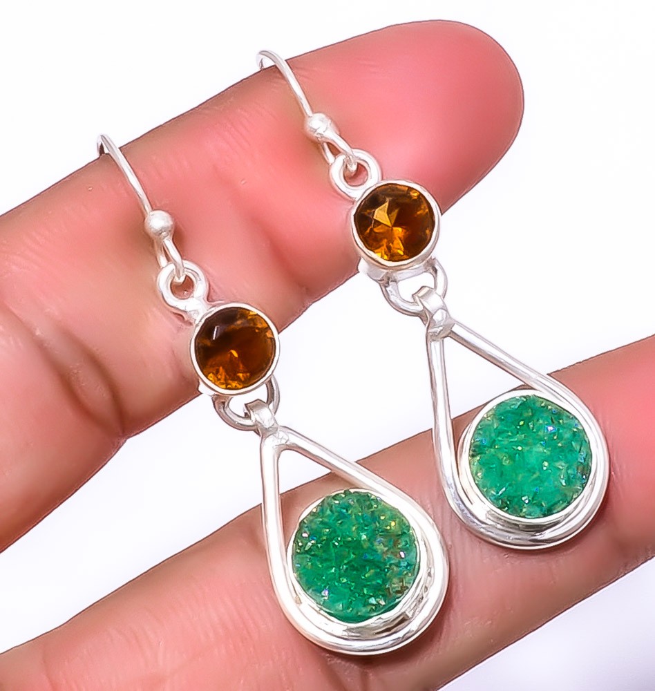 Green Opalite Agate Drusy & Smoky Quartz 925 Silver Plated Earring 1.44″ W2476