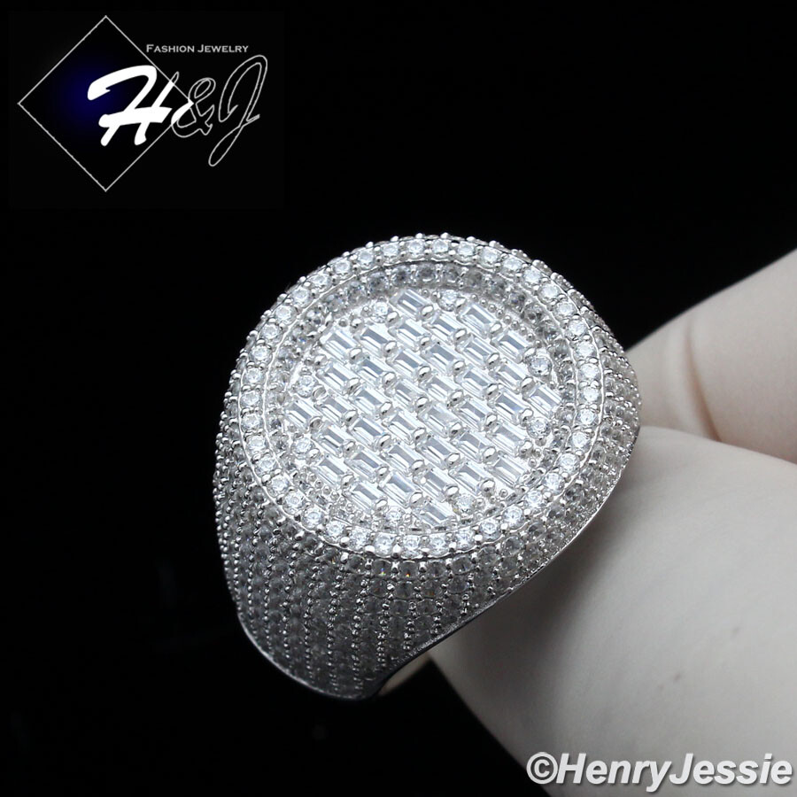 MEN 925 STERLING SILVER ICY BLING CZ GOLD PLATED/SILVER 3D ROUND RING*SR189