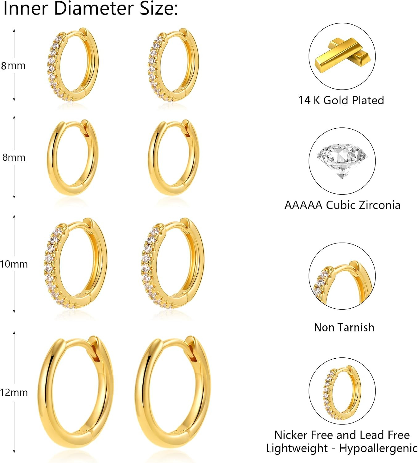 4 Pair Small Gold Hoop Earrings for Women Sensitive Ears – Hypoallergenic 14K Re
