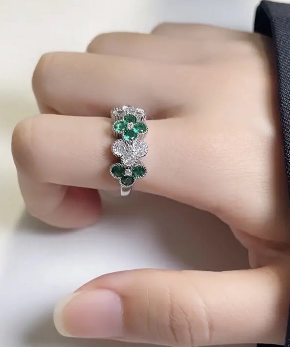 Women Synthetic Zircon Green Clover Open Ring Four-leaf Lucky Shamrock Size 6