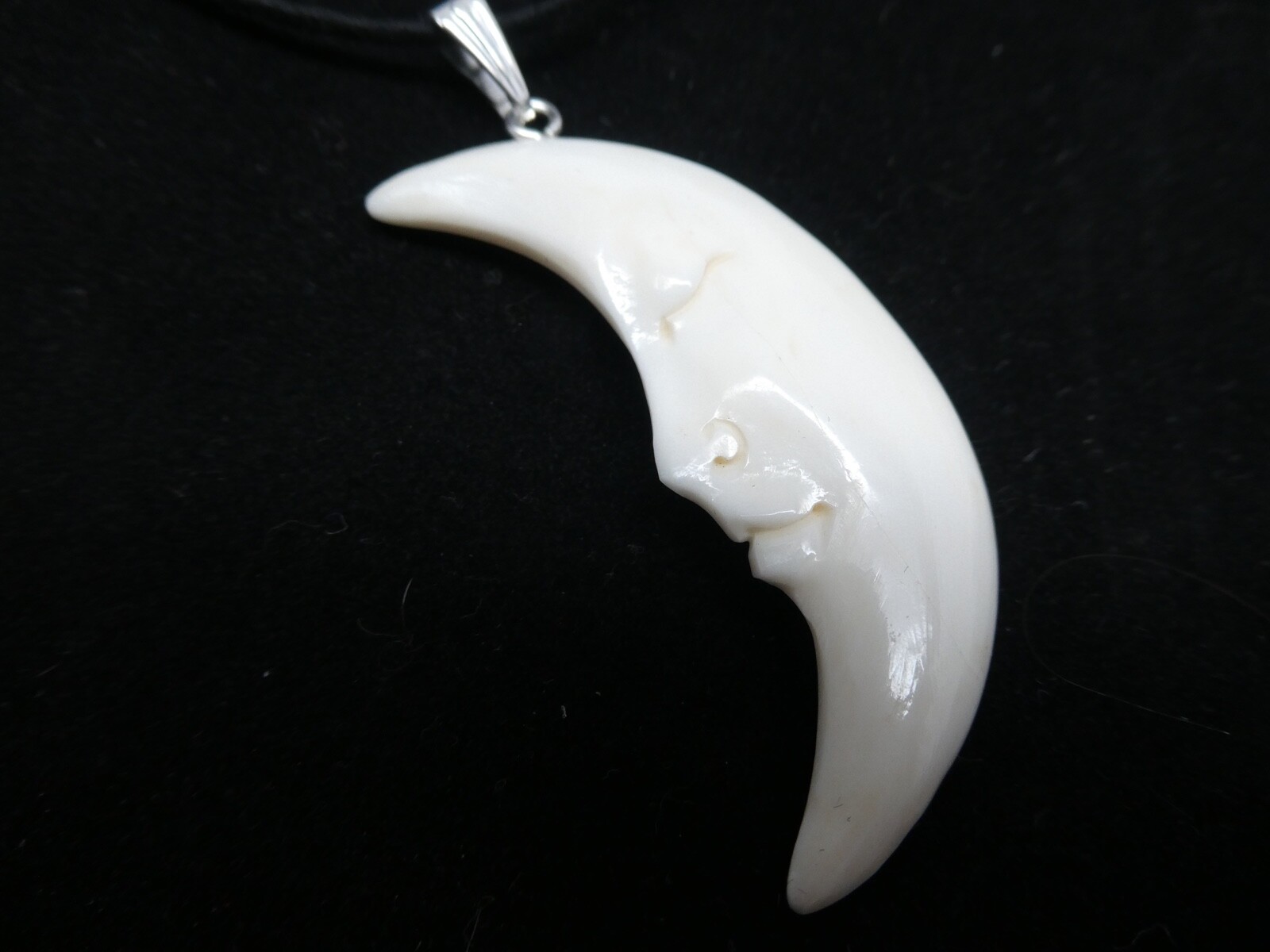 Crescent Half MOON Double Sided Face Carved Water Buffalo Bone Pendant Necklace