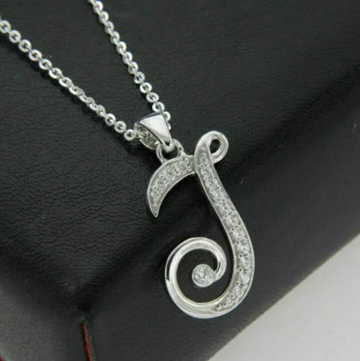 0.34Ct Round CuDiamond Initial Letter-J Pendant 14K White Gold Finish Free Chain