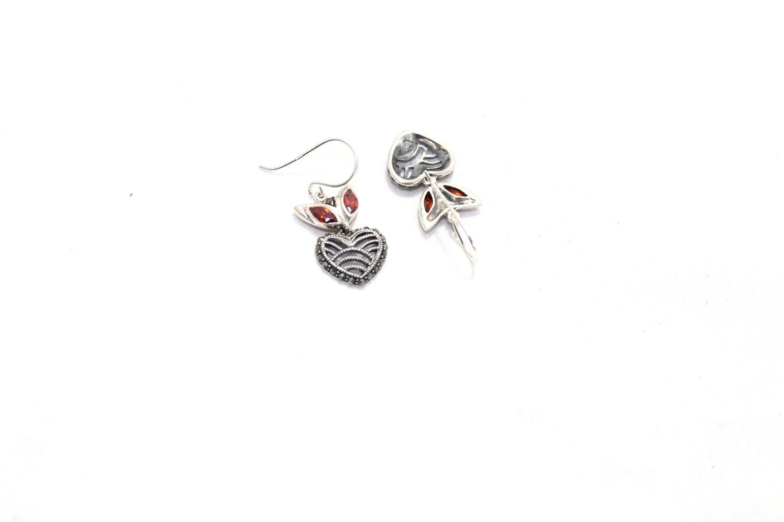 925 Sterling Silver Marcasite &Zircon Stone Handmad Designer Heart Earrings