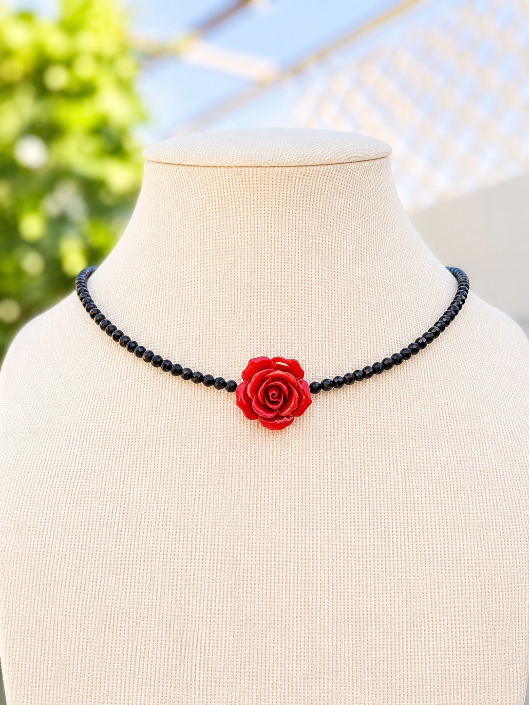 Handmade Black Spinel Faceted Choker Necklace with Large 26mm Red Rose Flower