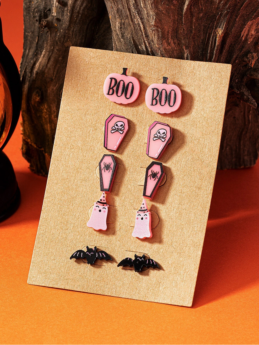 Pink Pumpkins, Bats, Spiders Ghost Witch, Coffin Stud Earrings Set NEW 5 Pairs