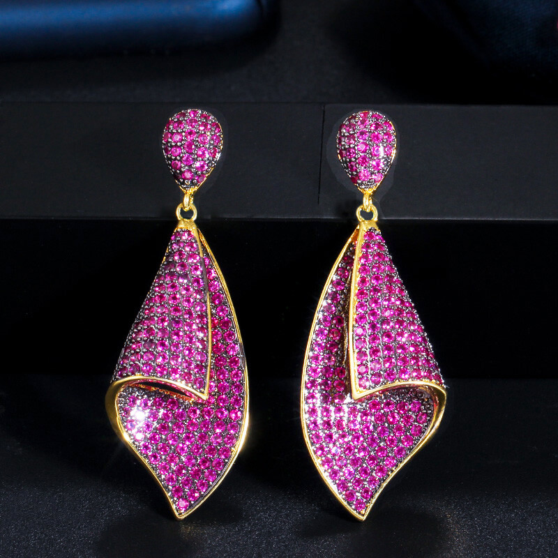 Unique 925 Silver Red Cubic Zirconia Geometric Long Drop Prom Earrings Jewelry