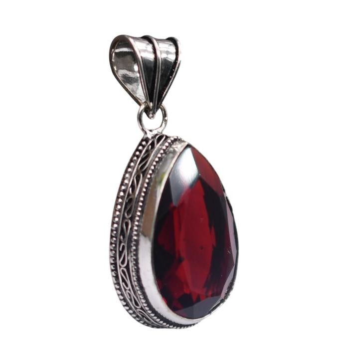 Red Garnet Hydro Gemstone Antique Silver Plated Pendant 2.25″ J 2083