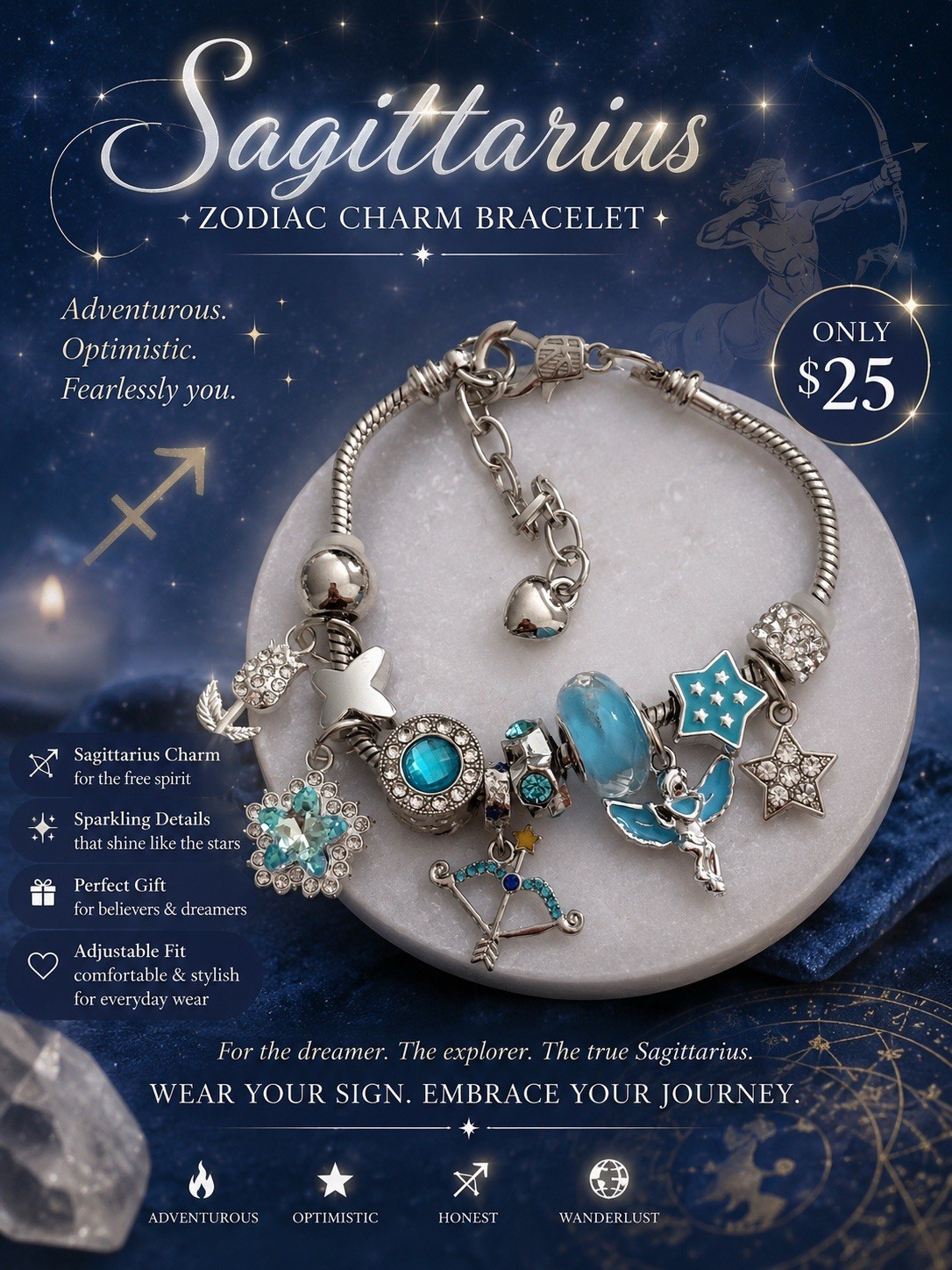 Silver Tone Adjustable Snake Chain Charm Bracelet Sagittarius Blue Crystal Star