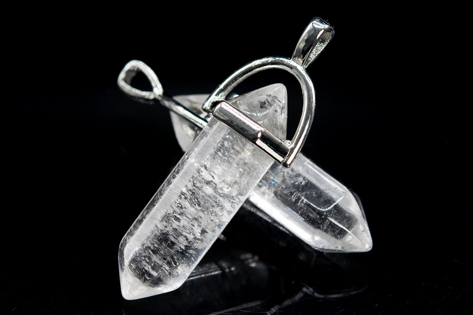 2Pcs 39x8MM Crystal Clear Quartz Hexagonal Pointed Pendant Silver Plated Cap