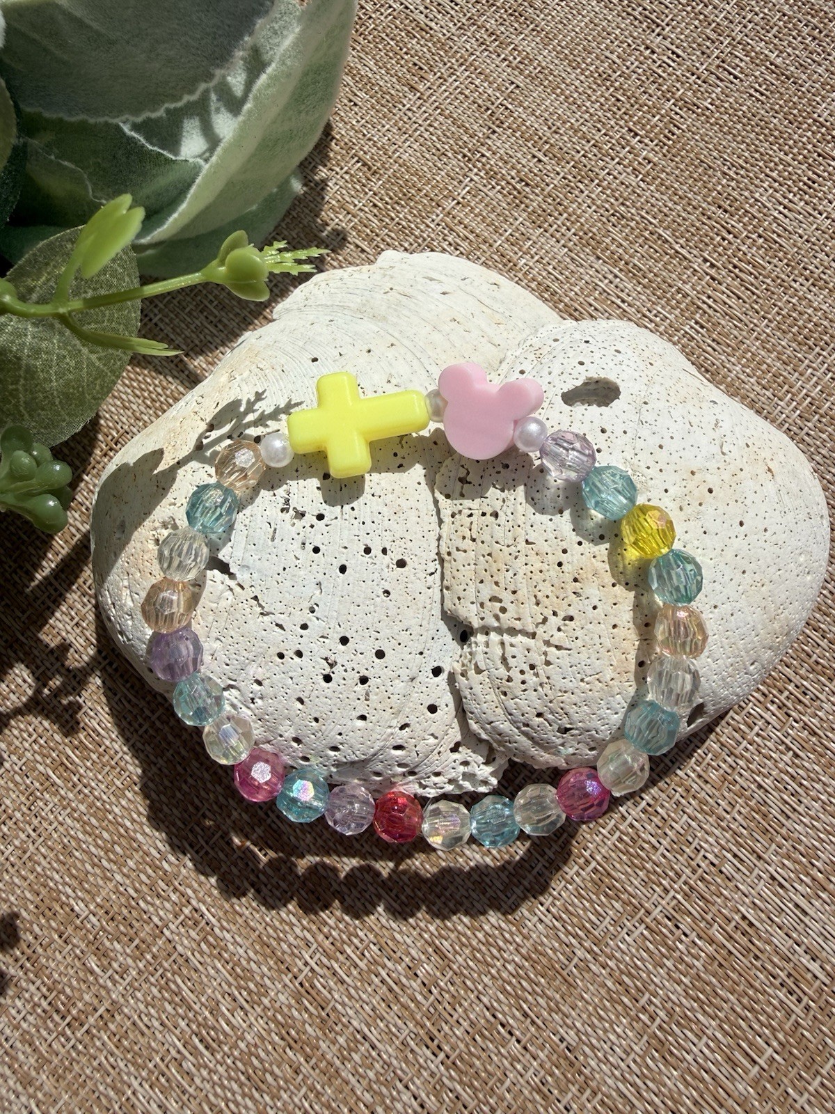 Kawaii Disney Inspired Bracelet Mickey Mouse + Cross Beaded 6.5 Inches