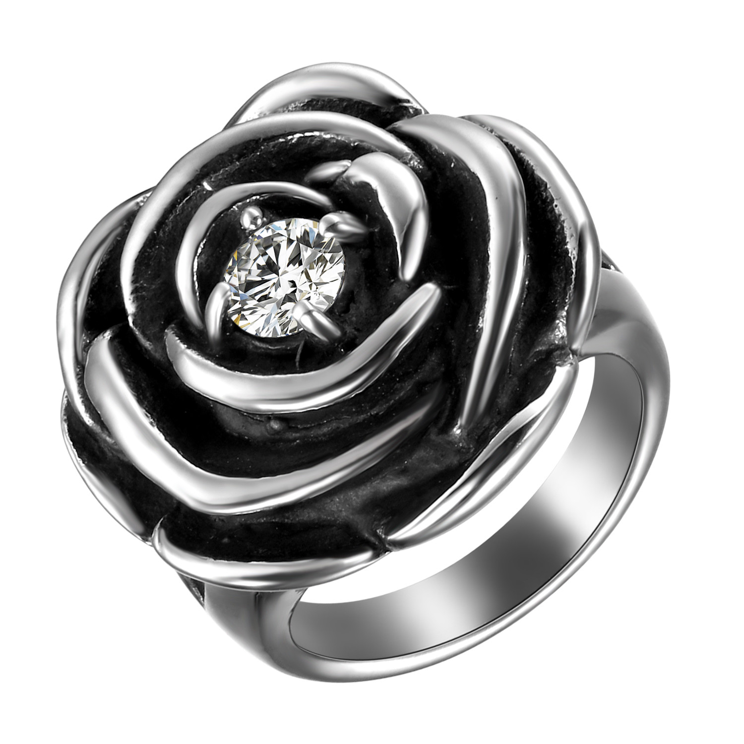Womens Black Silver Stainless Steel Cubic Zirconia Rose Cast Ring Band Size 6-10
