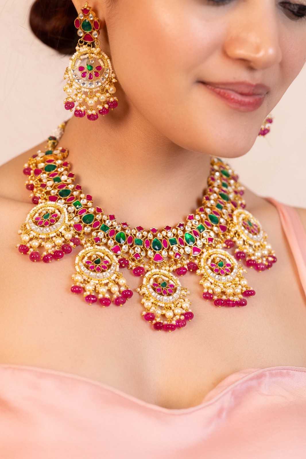 Pink and Green Stone Kundan Choker Set, 18k Gold Plated Necklace Jewelry
