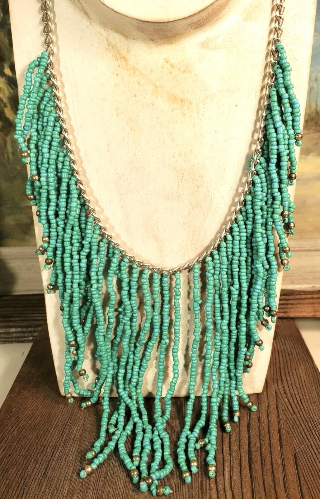 Womens Seed Beaded Fringe Necklace Turquoise Color Silver Tone 19″22″