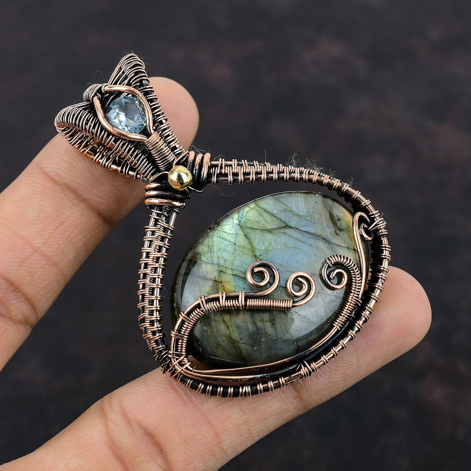 Gift For Women Jewelry Wire Wrapped Pendant Copper Labradorite Gemstone 2.56″