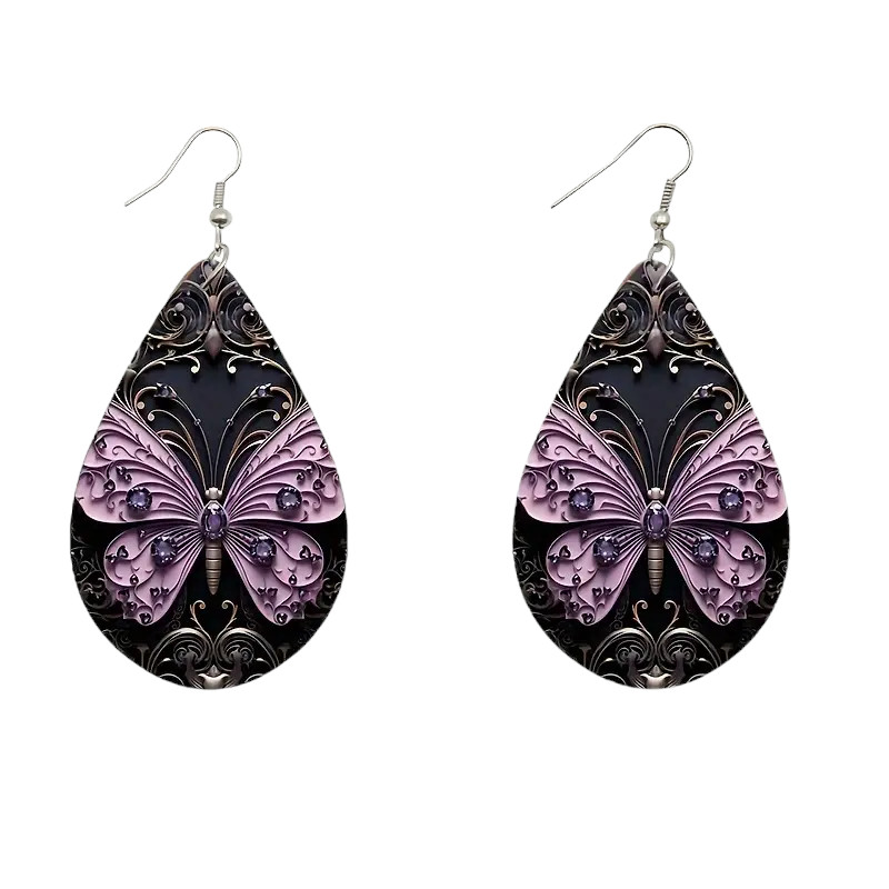 Double Sided Wooden Purple Butterfly Teardrop Dangle Earrings – New