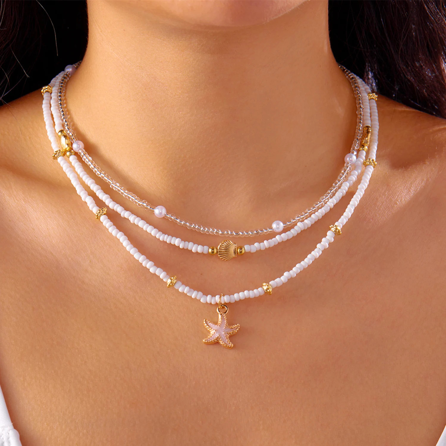 Handmade Shell Starfish Anklets for Women Bohemian Multilayer Rice Beads Bracele