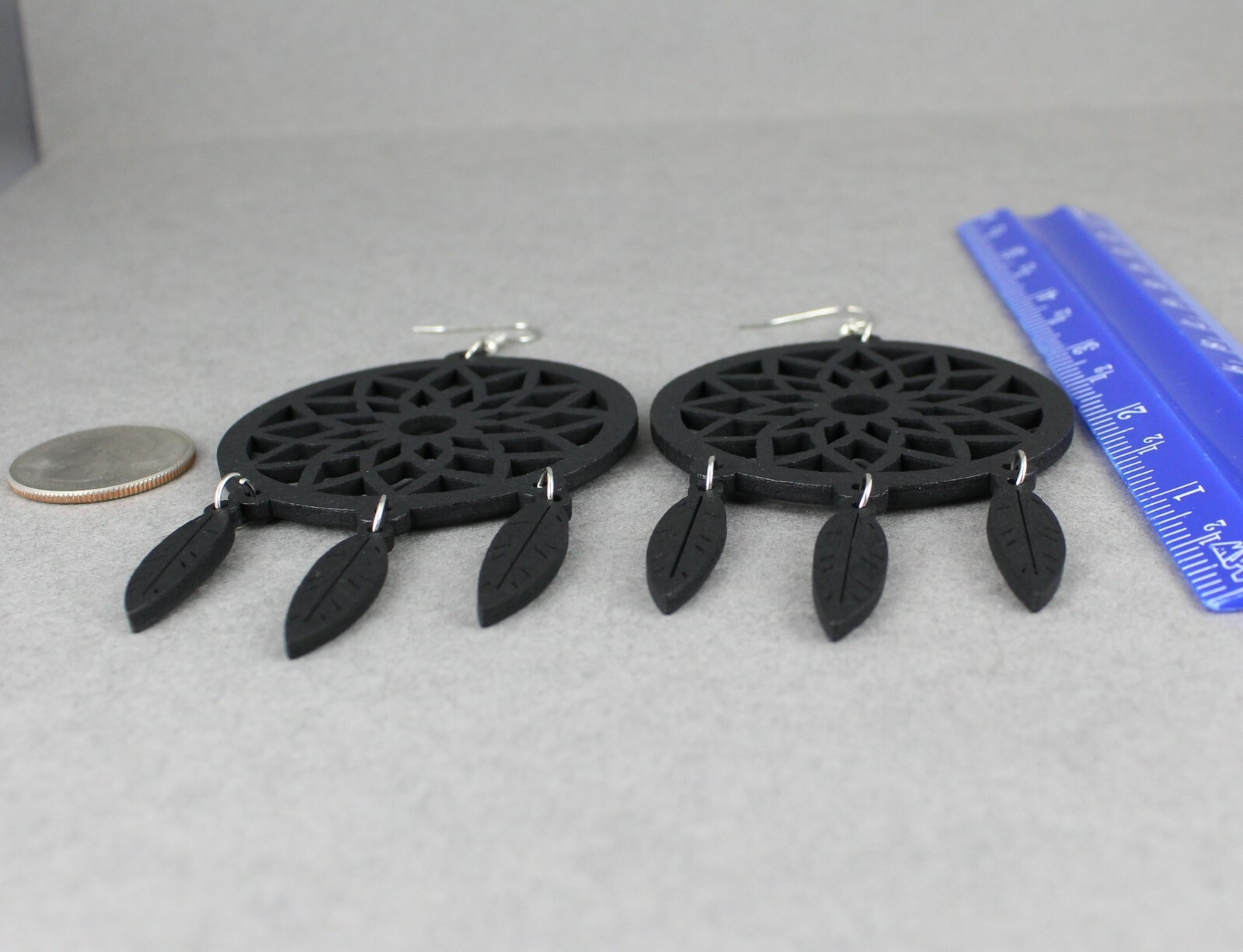 Black wood dream catcher feather earrings big lightweight leaf 4.25″ long