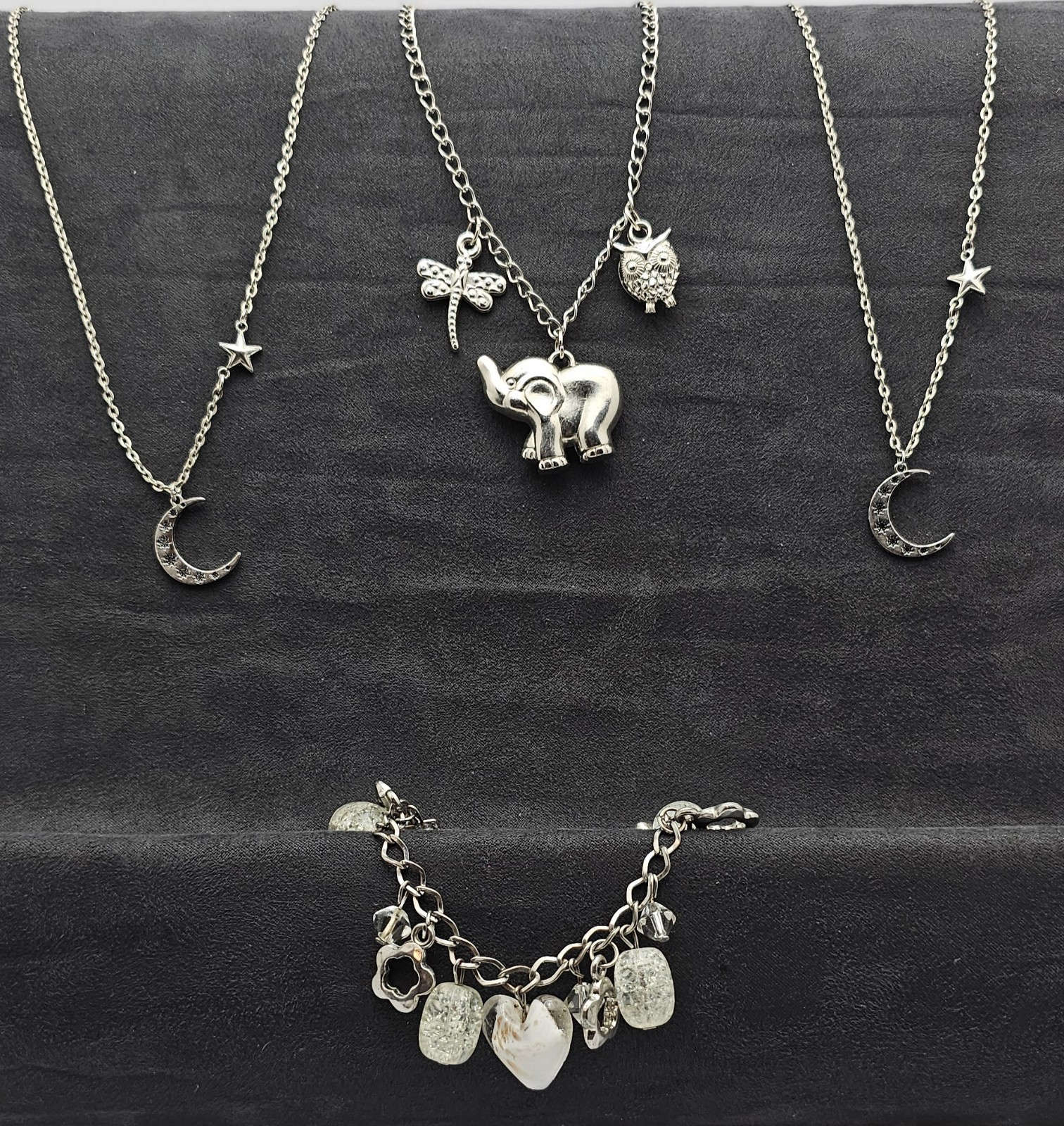 Silver Tone Charm Jewelry Set Bundle Lot 4 Friendship Moon Necklace Animal Theme