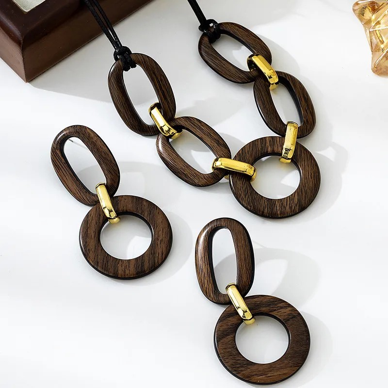 Chain Wooden Colorful Necklace Earring Set Charming Vintage