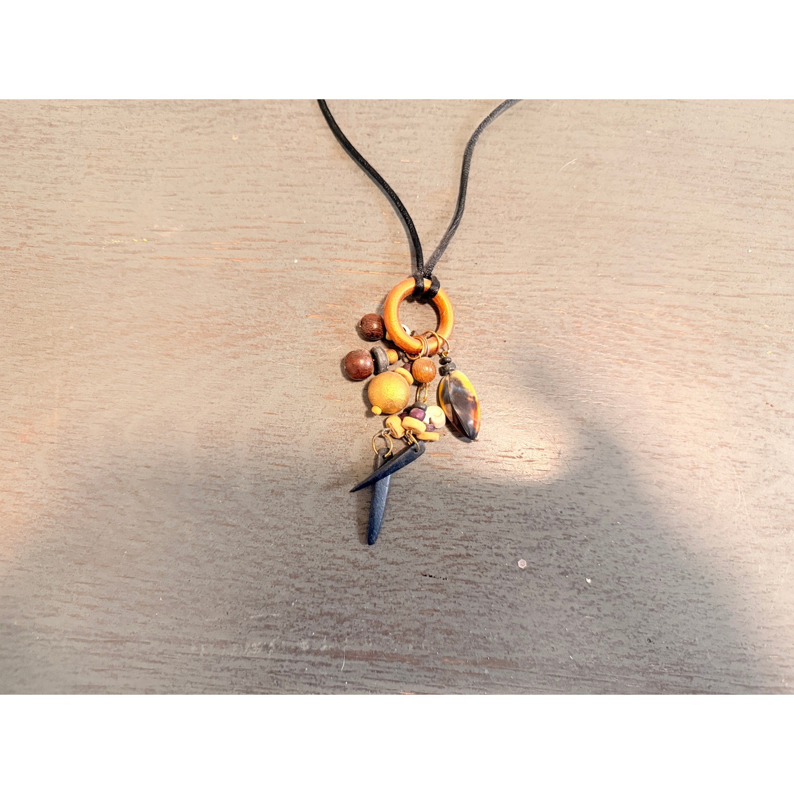 Boho Wood Bead and Stone Cluster Pendant Necklace Black Cord Earthy Tribal Style