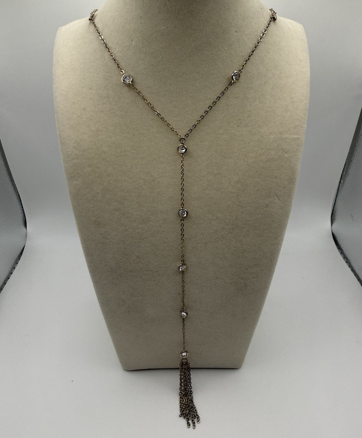 Silver Tone Crystal Station Lariat Tassel Pendant Necklace Whimsigoth Dainty