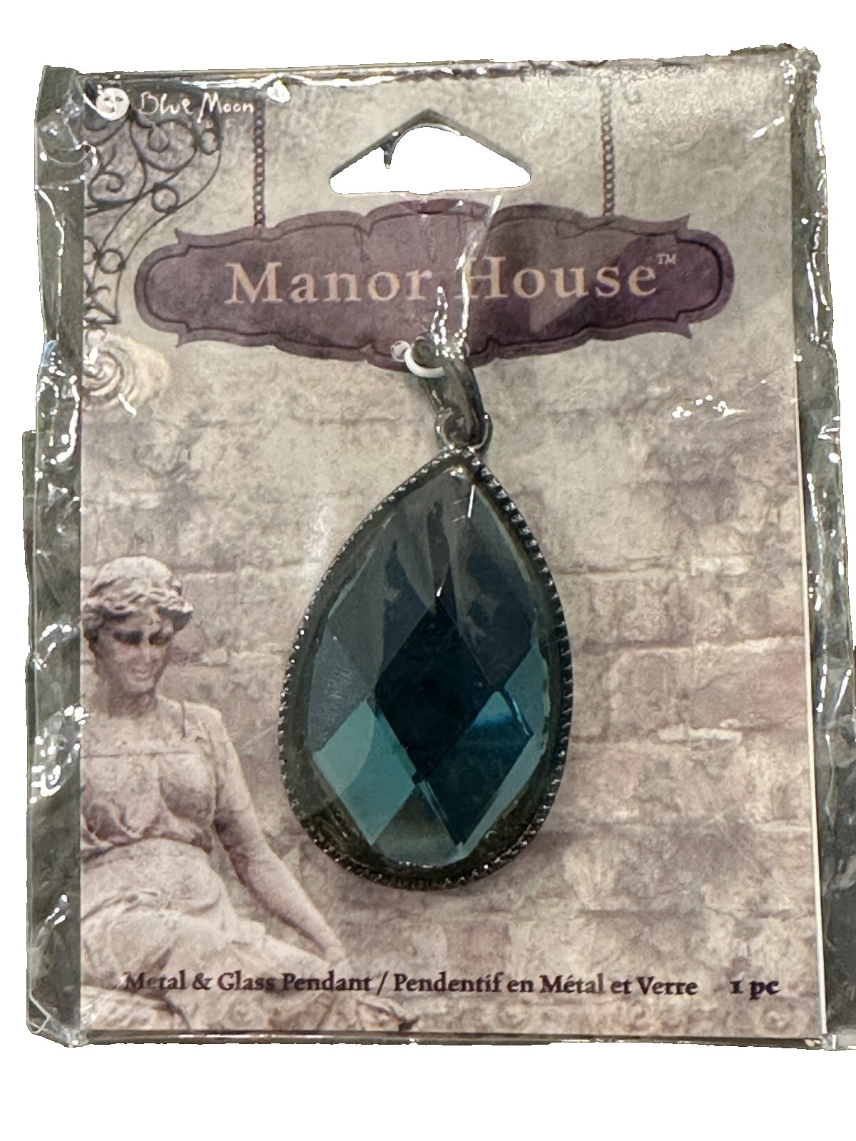 Blue Moon Manor House Dark Metal & Glass Necklace Teardrop Pendant BLUE 2 Inch
