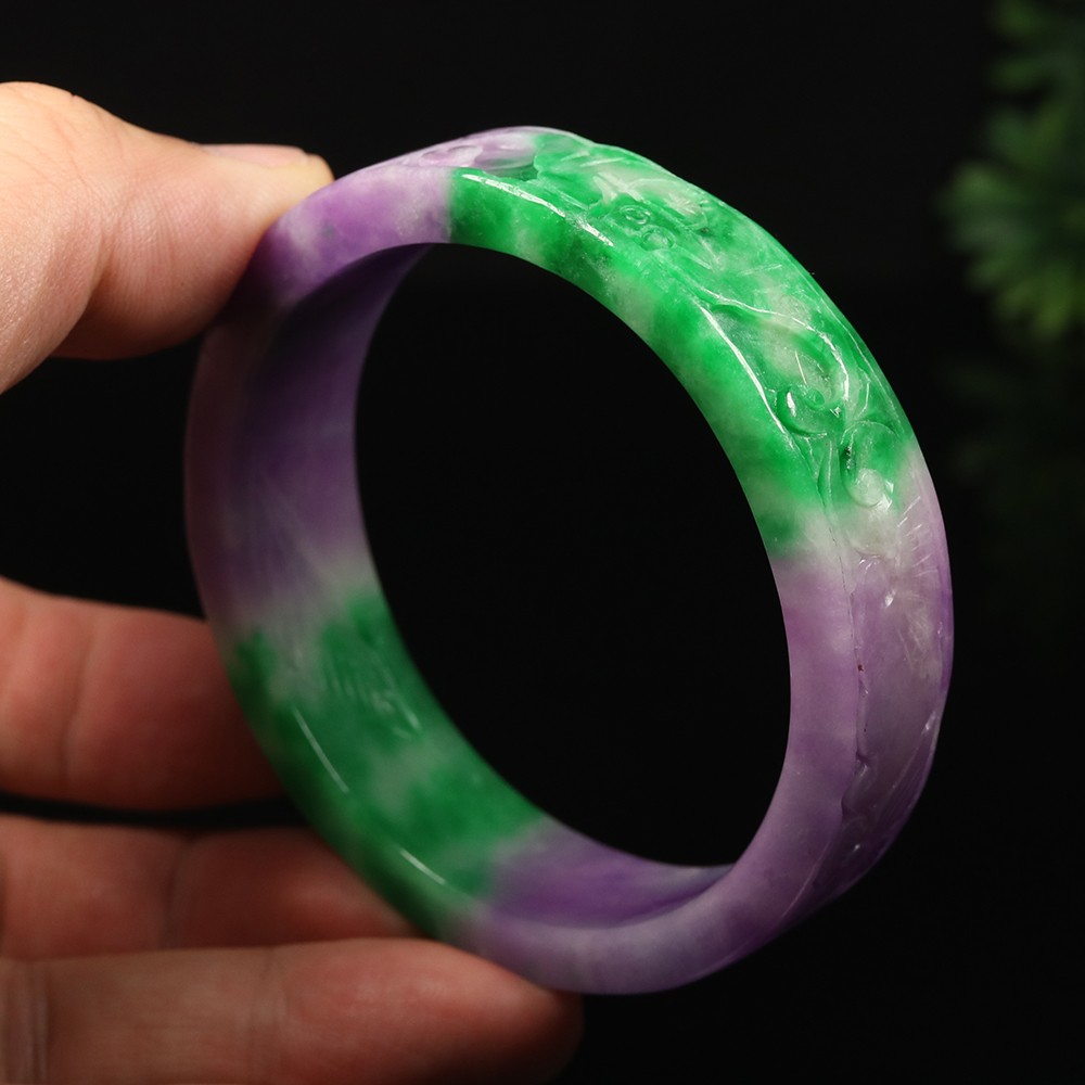60mm Lavender Purple Green Jadeite Jade Bangle Bracelet Ruyi Flower Bat A-15045