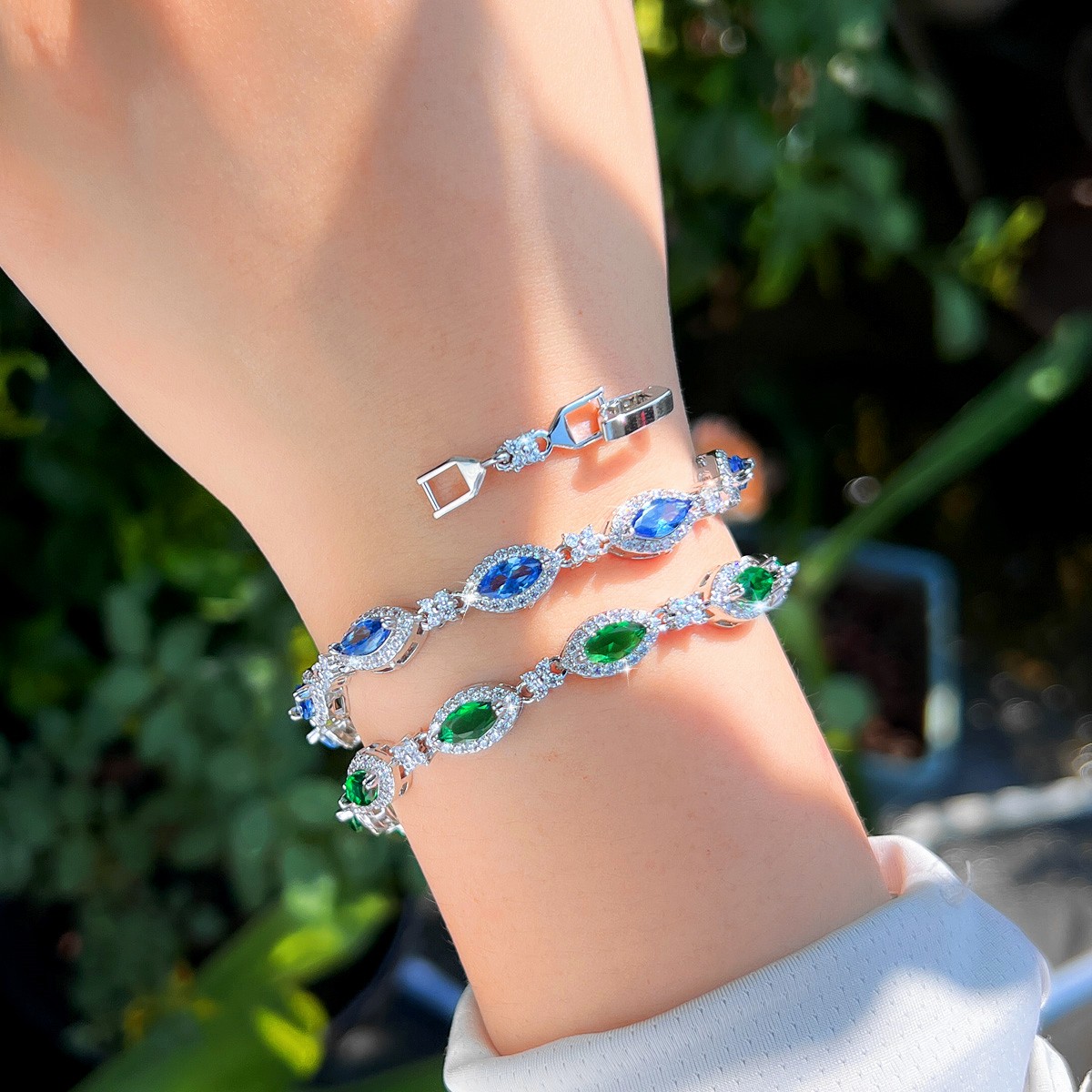 Silver Plated Green Marquise Cubic Zirconia Flower Link Chain Bracelet for Women