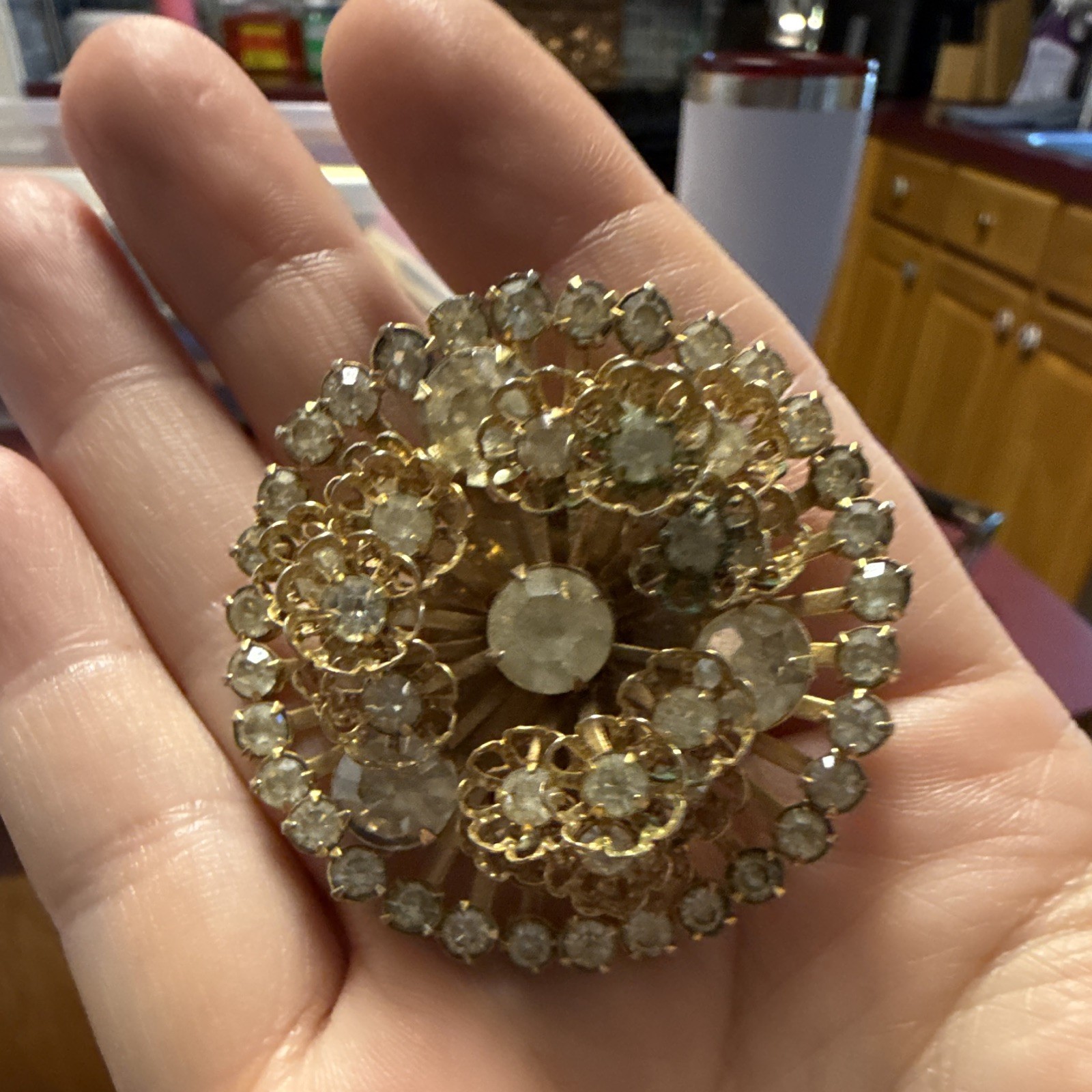 Gold Tone Metal Round Flower Brooch Pin, Clear Prong Set Crystal Rhinestone