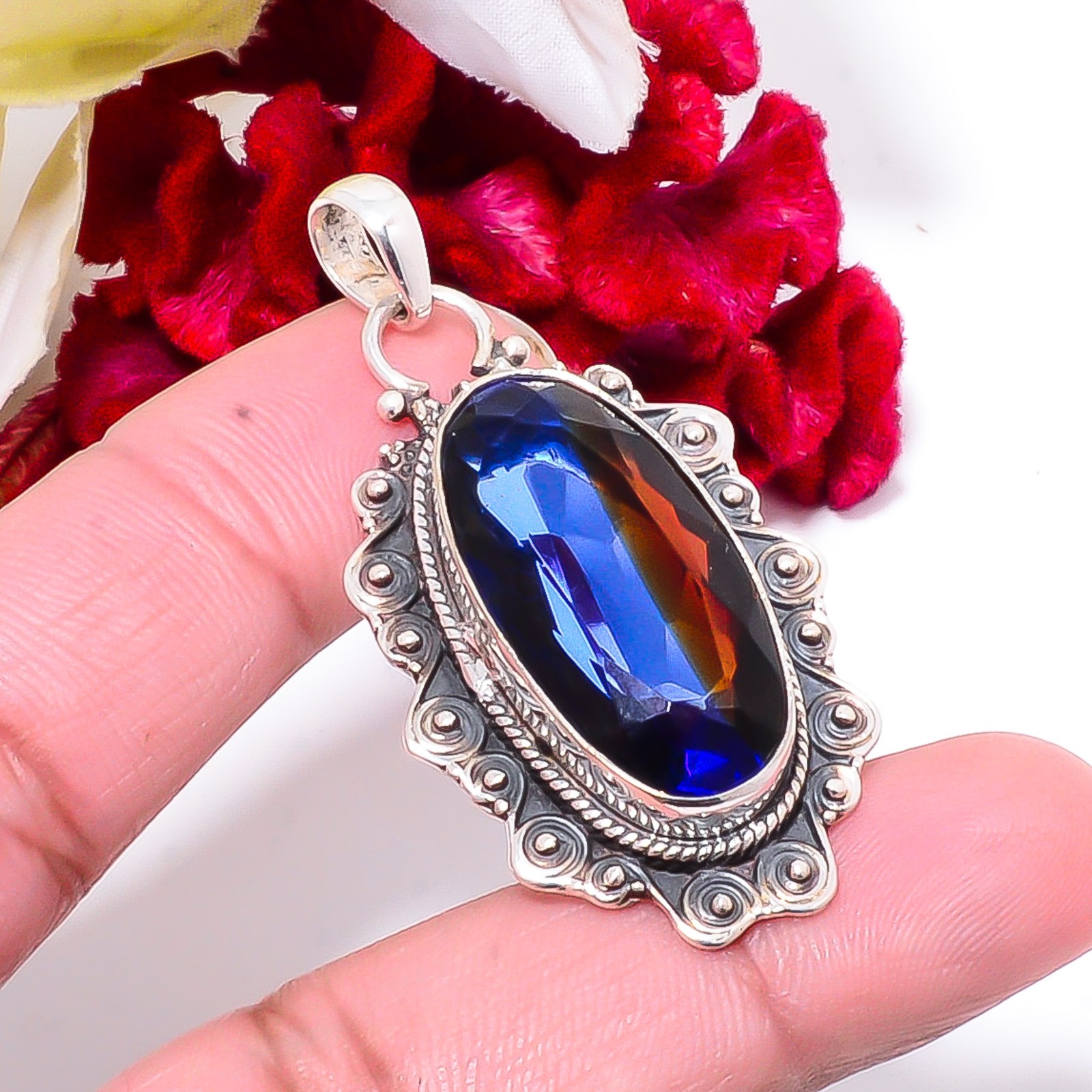 Red & Blue Bi-Colour Tourmaline 925 Sterling Silver Bali Pendant 2.03 Sku55