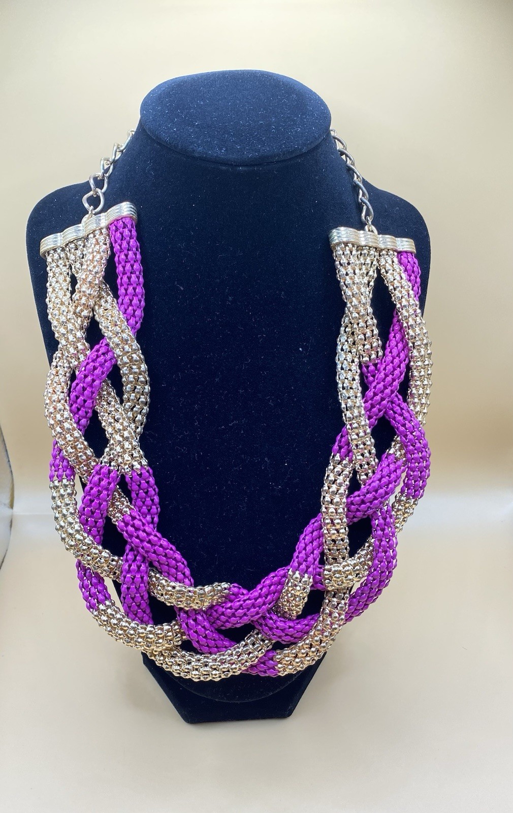 Braided Gold & Purple Necklace Vintage-Inspired Statement Jewelry Adjustable Cla