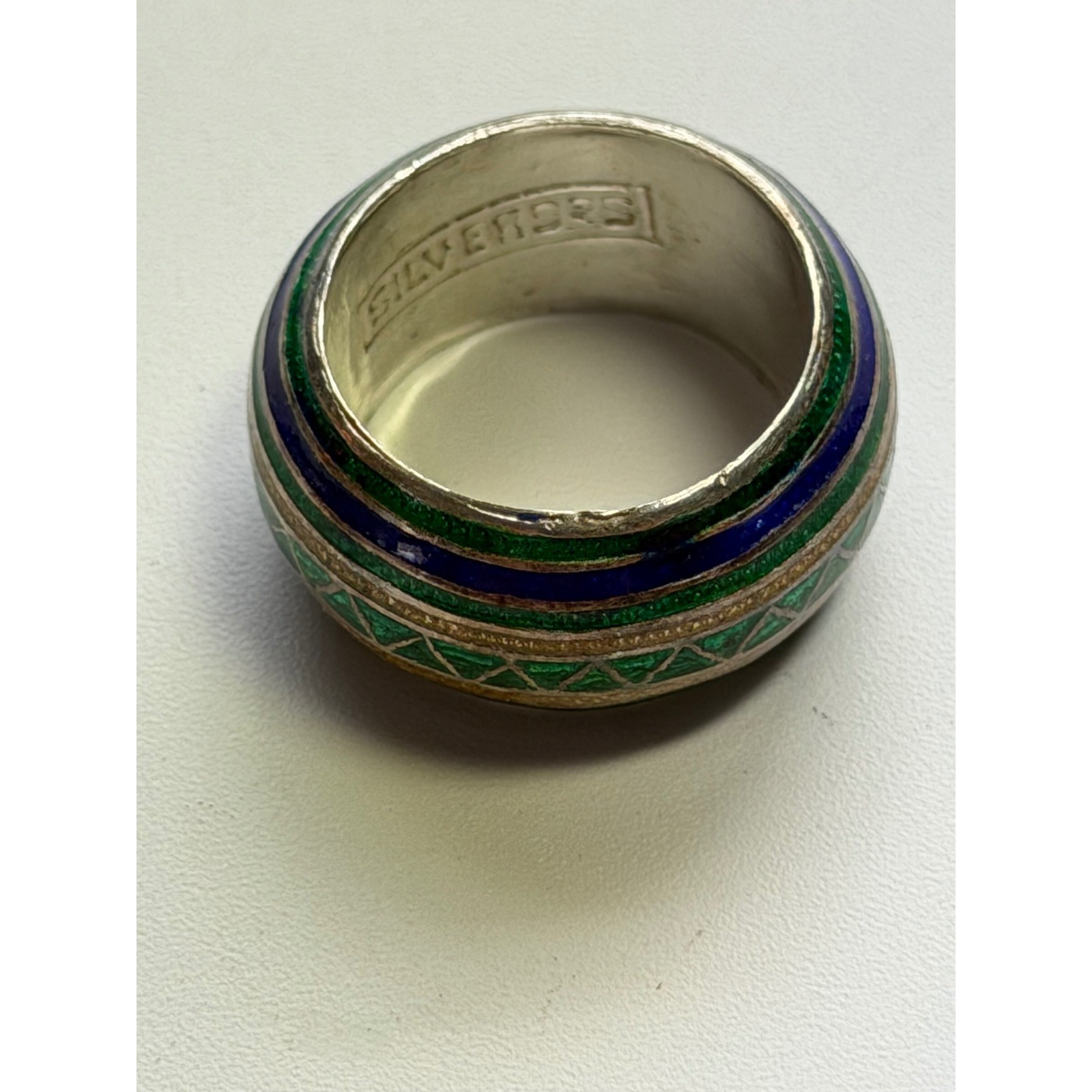 Silver 925 Sterling Silver Enamel Dome Band Ring Green Blue Gold Size 8