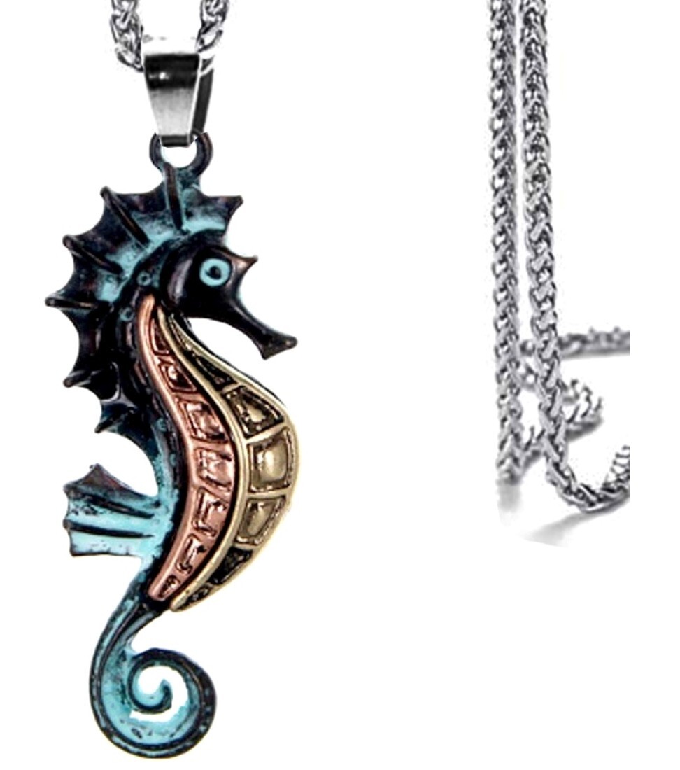 Seahorse Sea Horse Pendant Necklace Patina Finish 18″ Stainless Steel Chain