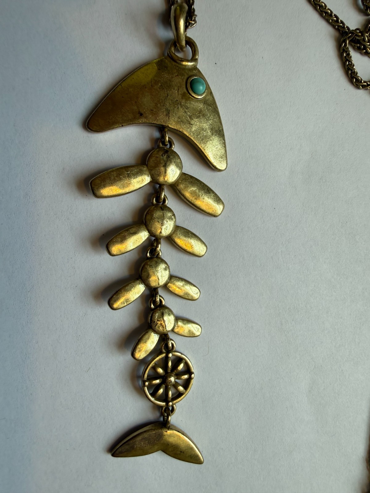 Fish Bone Skeleton Pendant Necklace Articulated Compass Lucky Brand Gold Tone